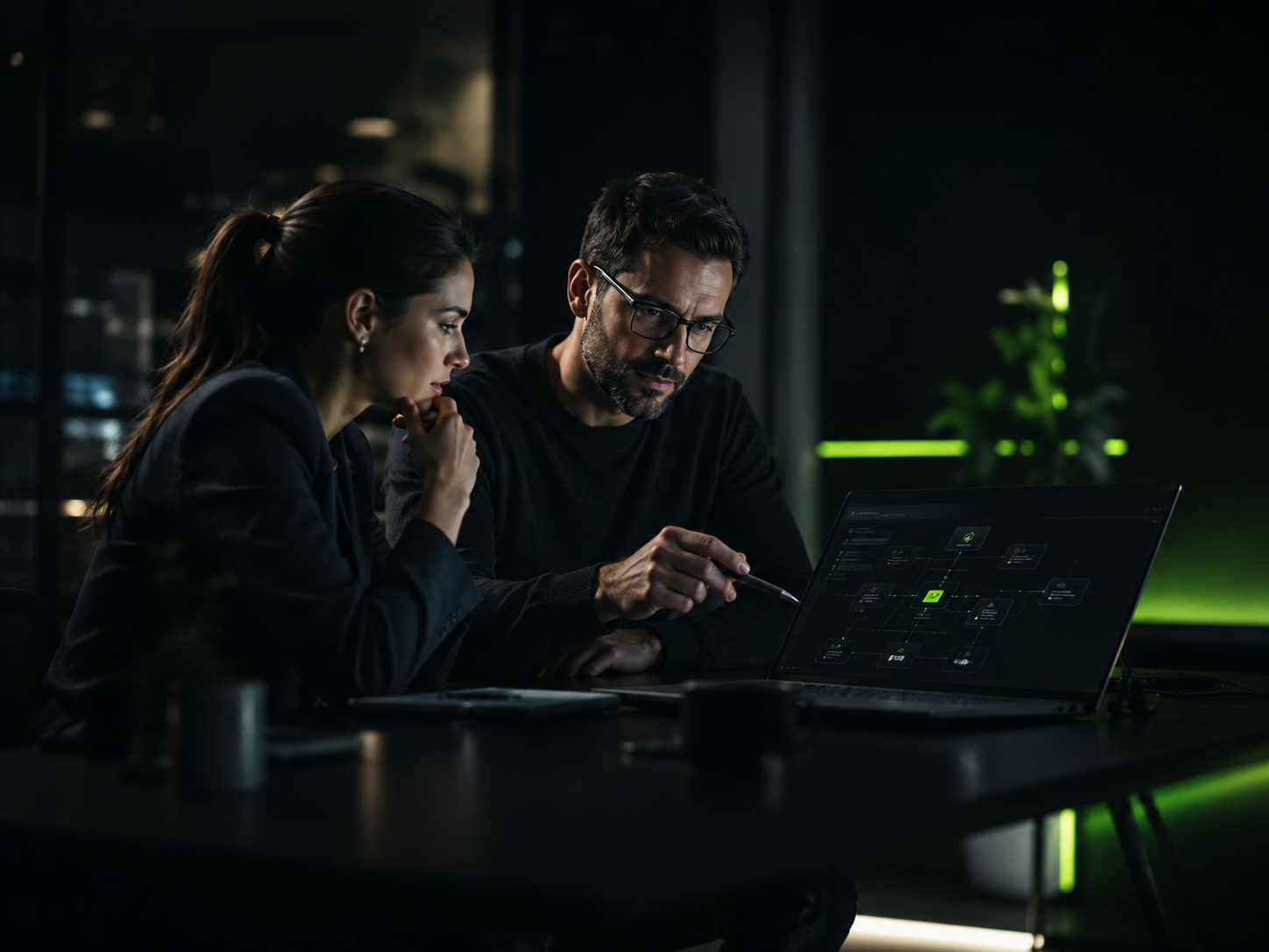 Equipo de Triatek revisando el diagrama de una solución tecnológica en una laptop